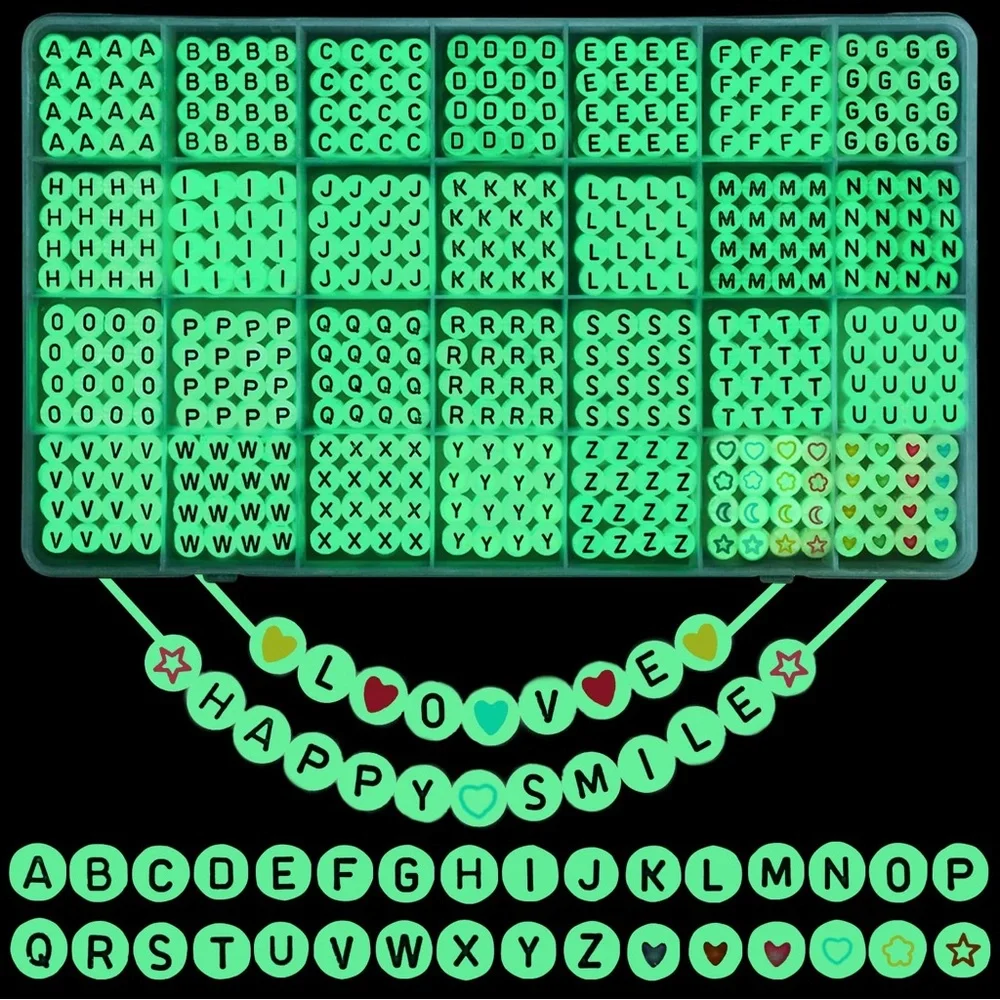 NWT 1400pcs Glow in Dark Letter Beads Alphabet & Heart Beads‎ DIY Jewelry
